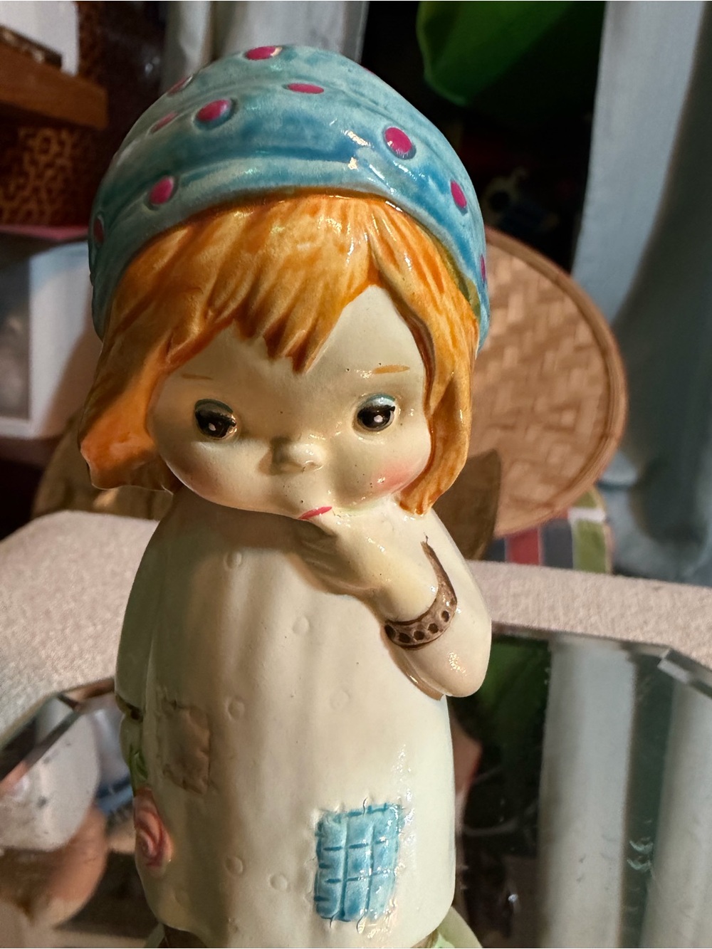 Vintage World Gift Japan Ceramic Figurine-Girl in Patchwork Dress & Blue Bandana